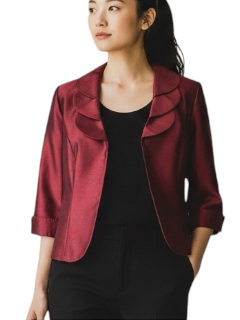 Dana Kay Burgundy Satin Scalloped Collar Evening Glam Jacket NWOT Size 12
